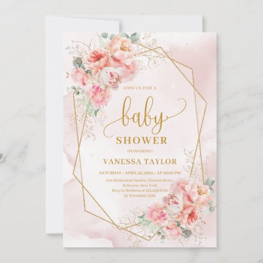 Elegantes, weiches, rosa und goldfarbenes Mädchen- Einladung (Vorderseite)