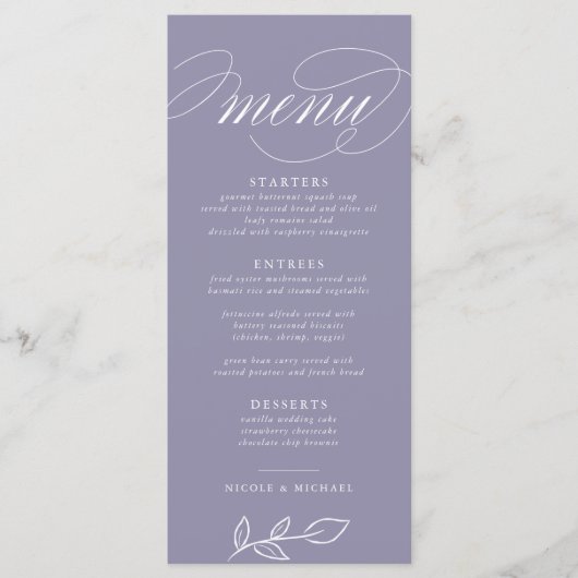 Elegantes, weiches Violet Minimalistisches Blätter Menükarte (Vorderseite)