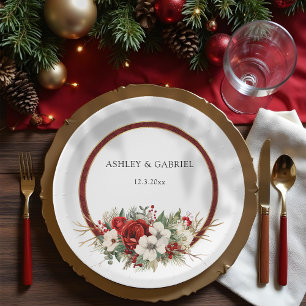 Elegantes Weihnachten Rot Damast Blumenmuster Pappteller