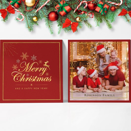 Elegantes Weihnachts 1 Foto Rot und Gold Script Mitteilungskarte