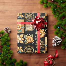 Elegantes Weihnachts-Collage Gold auf schwarz Geschenkpapier