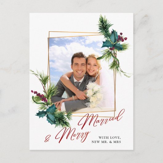 Elegantes Weihnachts Holly Pine Frame Foto Gruß Postkarte (Vorderseite)