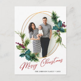 Elegantes Weihnachts Holly Pine Frame Foto Gruß Postkarte