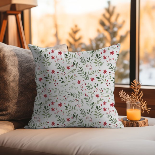 Elegantes Weihnachts-Minimalistisches Muster Kissen (Elegant Christmas Floral Minimalist Pattern Throw Pillow - Red and Green Flowers)