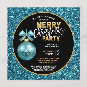 Elegantes Weihnachts-PARTY Black Gold Blue Glitzer Einladung