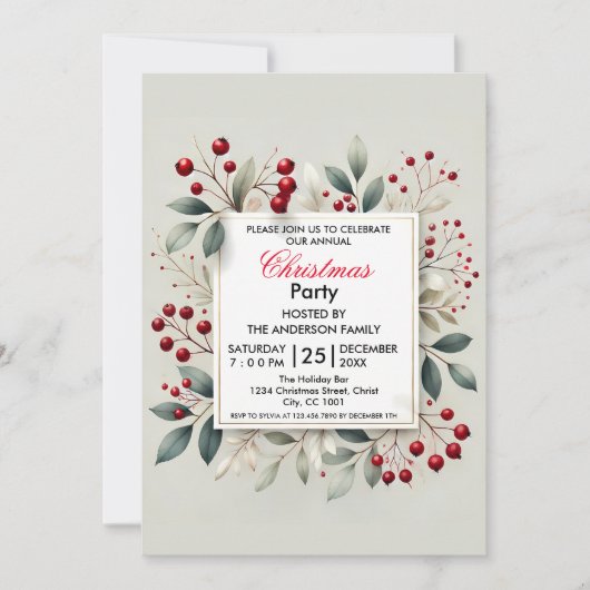 Elegantes Weihnachts-Party Holly Berry und Foliage Einladung (Vorderseite)