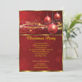Elegantes Weihnachts-Party Red baubles gold Einladung (Stehend Vorderseite)