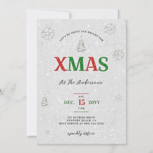 Elegantes Weihnachts-Party Rot Grün Weißer Glitzer Einladung (Vorderseite)