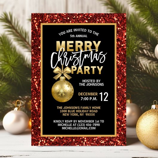 Elegantes Weihnachts-PARTY Schwarzes Gold Roter Gl Einladung