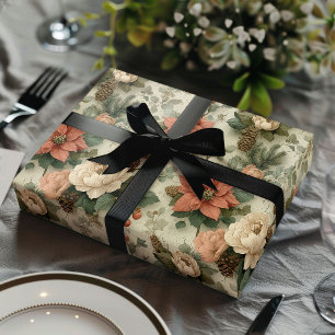 Elegantes Weihnachts-Pfirsich-und-Rahmm-Blumen-Ges Geschenkpapier Set