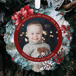 Elegantes Weihnachts-Poinsettias und Holly-Foto Ornament Karte