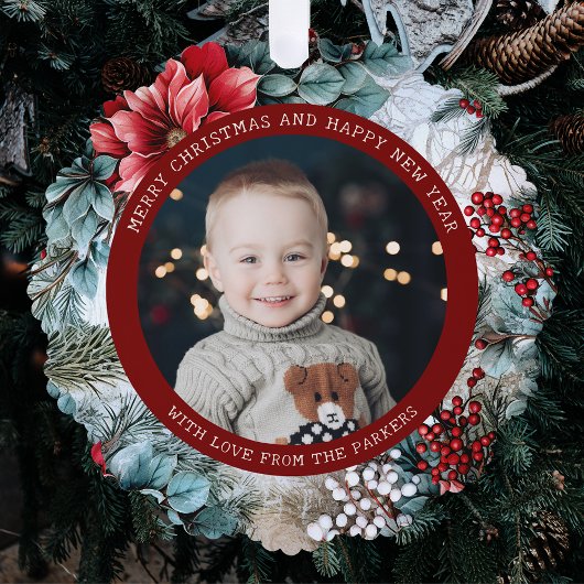 Elegantes Weihnachts-Poinsettias und Holly-Foto Ornament Karte