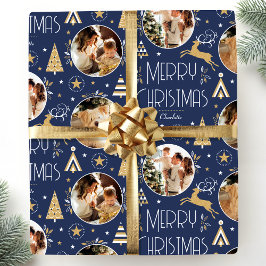 Elegantes Weihnachts-Rentier Foto Blue Gold Geschenkpapier