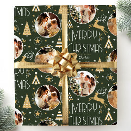 Elegantes Weihnachts-Rentier-Foto Dunkelgrünes Gol Geschenkpapier