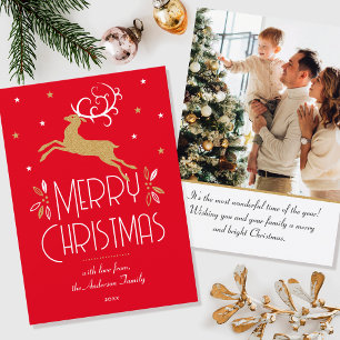 Elegantes Weihnachts-Rentier-Foto Rot Gold Flach Karte