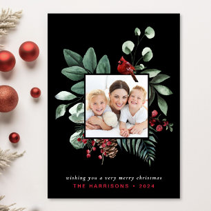 Elegantes Weihnachts Roter Kardinal Foto Black Feiertagskarte