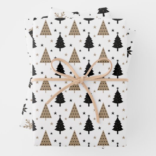 Elegantes Weihnachts-Schwarz-Gold-Skandinavien-Mus Geschenkpapier Set (Beispiel)