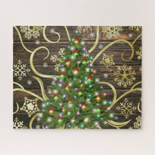 Elegantes Weihnachtsbaum Barn Wood Gold Design Puzzle