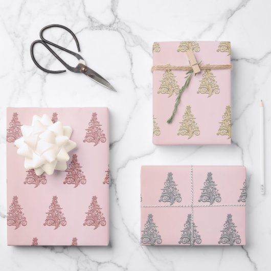 Elegantes Weihnachtsbaummuster Geschenkpapier Set (Vorderseite)