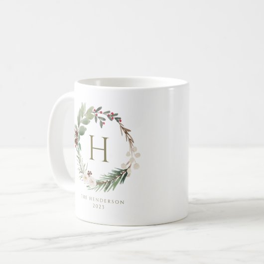 Elegantes Weihnachtsblumenmonogramm Kaffeetasse (Vorderseite Links)