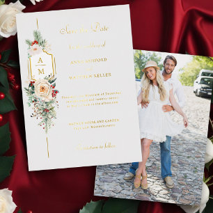 Elegantes Weihnachtsblumenmonogramm Save the Date Folieneinladung