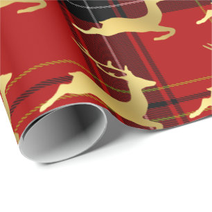 Elegantes Weihnachtsbüffel Kariertes Muster & Gold Geschenkpapier