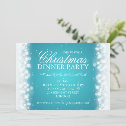 Elegantes Weihnachtsessen Party Magic Sparkle Turq Einladung (Stehend Vorderseite)