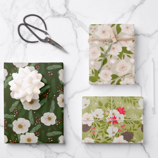 Elegantes Weihnachtsfest Blumenmuster Geschenkpapier Set (Vorderseite)