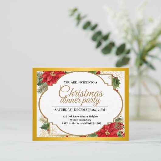 Elegantes Weihnachtsfest Party Gold & Poinsettia Postkarte (Stehend Vorderseite)