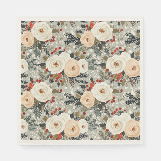 Elegantes Weihnachtsfest Weißer Rosen & Roter Wint Serviette (Vorderseite)
