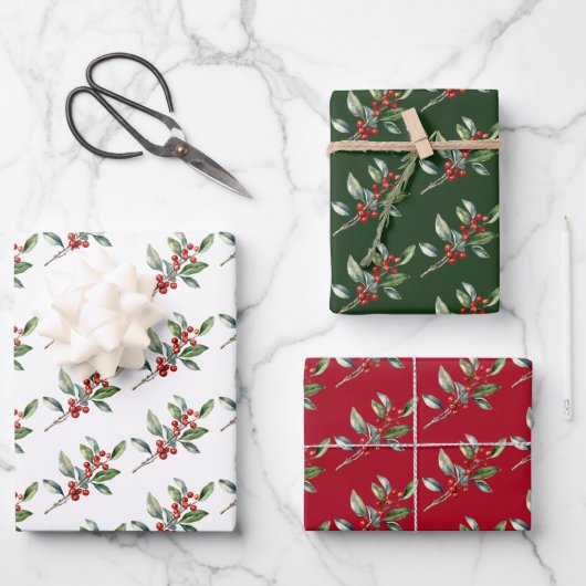 Elegantes Weihnachtsgebirge Botanisches Rotes Grün Geschenkpapier Set (Vorderseite)