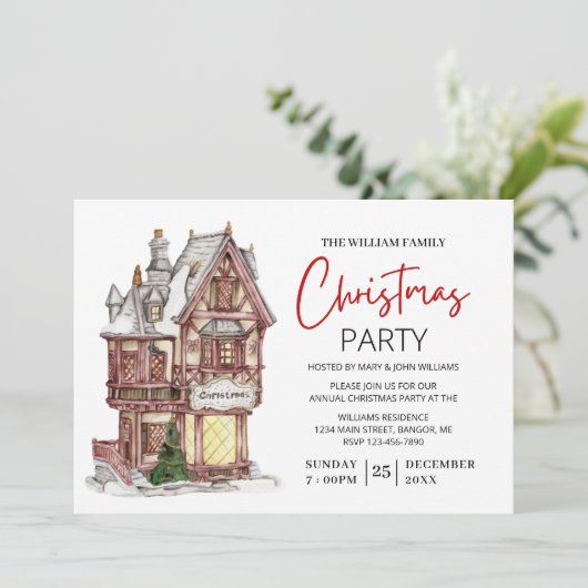 Elegantes Weihnachtshaus Family Party Einladung (Stehend Vorderseite)