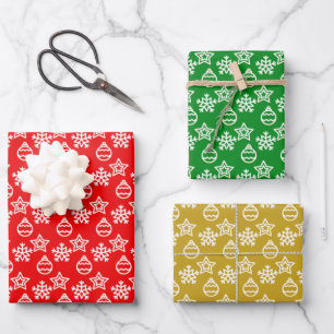 Elegantes Weihnachtsmuster auf Grün, Rot und Gold Geschenkpapier Set
