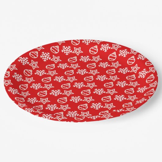 Elegantes Weihnachtsmuster auf Rot Pappteller (Schrägansicht)