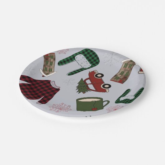 Elegantes Weihnachtsmuster Pappteller (Schrägansicht)