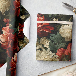 Elegantes Weihnachtsrot & Creme Blumendekoupage Geschenkpapier