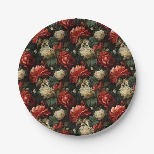 Elegantes Weihnachtsrot & Creme Vintag Pappteller (Vorderseite)