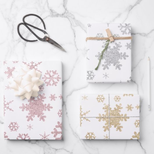 Elegantes Weihnachtsschneeflockenmuster Geschenkpapier Set (Vorderseite)