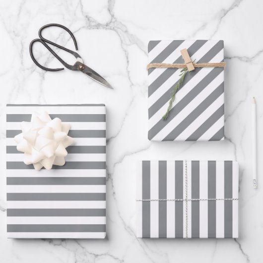 Elegantes Weihnachtssilber und Weiß gestreift Geschenkpapier Set (Vorderseite)