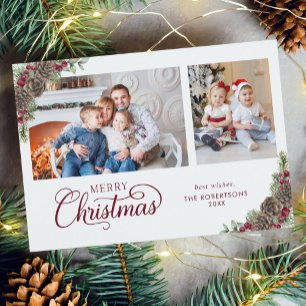 Elegantes Weihnachtsskript Botanisches 2-Foto Feiertagskarte