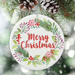 Elegantes Weihnachtswatercolor-Kranz-Foto Keramik Ornament