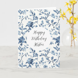 Elegantes Weiß Blau Florales Geburtstags- Karte