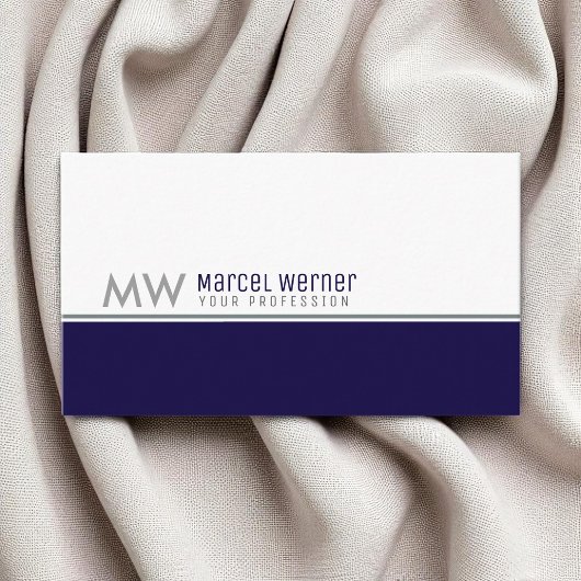 Elegantes Weiß & Blau Monogrammiert Visitenkarte
