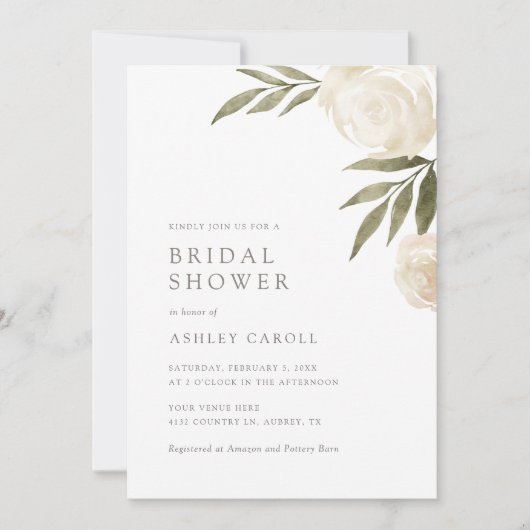 Elegantes Weiß-Blumengrün Brautparty Invita Einladung (Vorderseite)