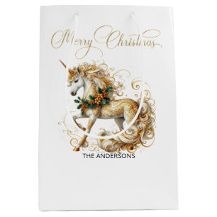 Elegantes weiß-goldenes Weihnachts-Einhorn Mittlere Geschenktüte