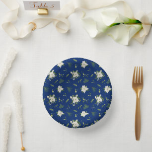 Elegantes Weiß-Grün-Blumenmuster auf Navy Pappteller