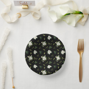 Elegantes Weiß-Grün-Blumenmuster auf Schwarz illus Pappteller