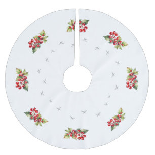 Elegantes Weiß mit roten Beeren und Sternen Weihna Polyester Weihnachtsbaumdecke