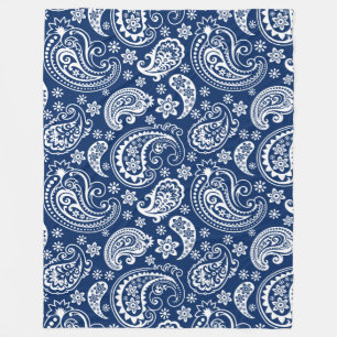 Elegantes Weiß & Navyblau Vintage Paisley-Muster Fleecedecke