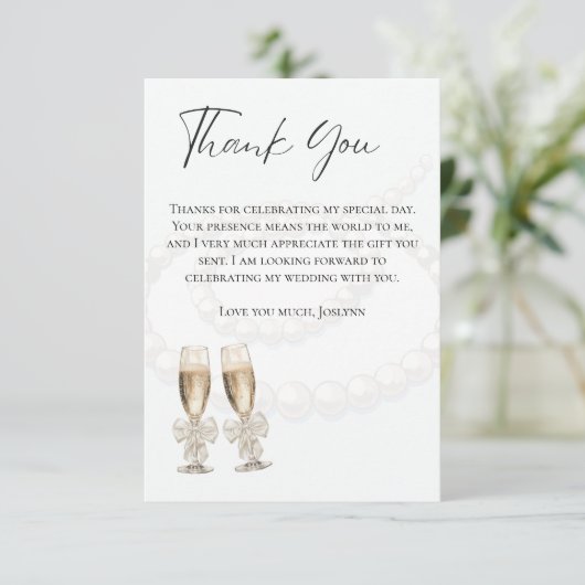 Elegantes Weiß Perlen & Prosecco Brautparty Dankeskarte (Stehend Vorderseite)